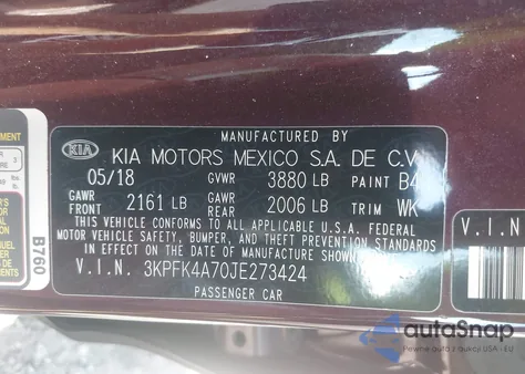 2018 Kia Forte Lx from USA, damaged, VIN 3KPFK4A70JE273424